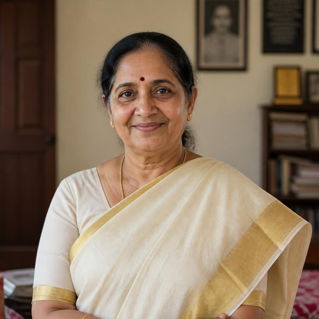 Retired female teacher in Kerala saree